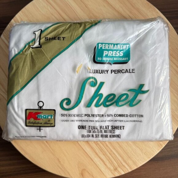 Vintage Luxury White Percale Full Flat Sheet Kmart Combed Cotton 54x75 In - Picture 1 of 3